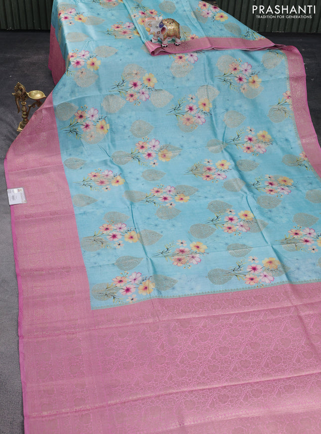 Chiniya silk saree teal blue and pink with zari woven buttas & floral digital prints and long zari woven border
