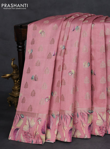 Chiniya silk saree peach pink with zari woven buttas & floral digital prints and floral digital printed border