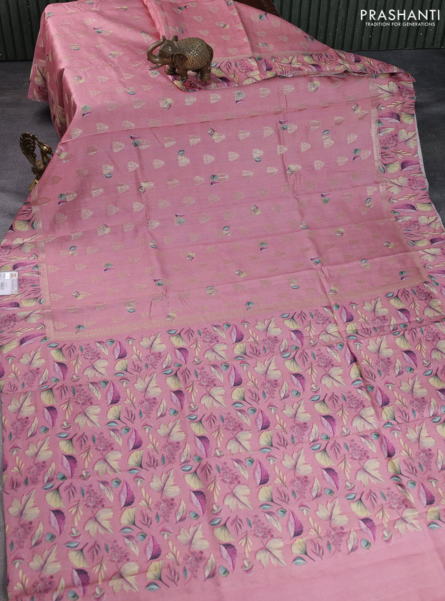 Chiniya silk saree peach pink with zari woven buttas & floral digital prints and floral digital printed border