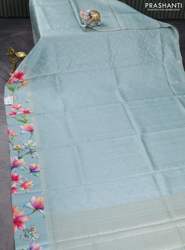 Chiniya silk saree pastel green with allover silver zari weaves and floral digital printed border