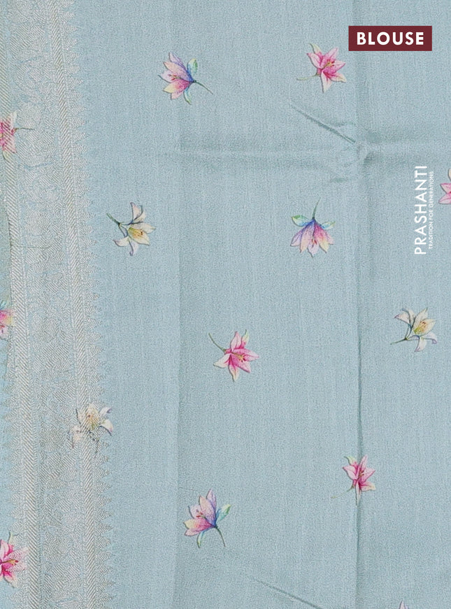 Chiniya silk saree pastel green with allover silver zari weaves and floral digital printed border