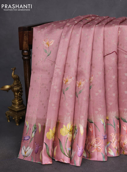 Chiniya silk saree pastel pink with allover zari weaves & floral digital prints and floral digital printed border