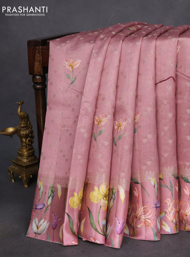 Chiniya silk saree pastel pink with allover zari weaves & floral digital prints and floral digital printed border