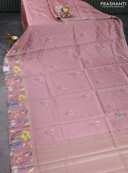 Chiniya silk saree pastel pink with allover zari weaves & floral digital prints and floral digital printed border