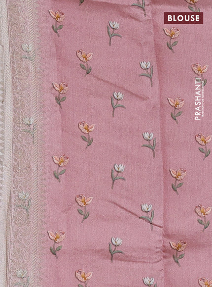 Chiniya silk saree pastel pink with allover zari weaves & floral digital prints and floral digital printed border