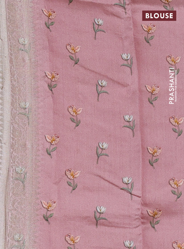 Chiniya silk saree pastel pink with allover zari weaves & floral digital prints and floral digital printed border