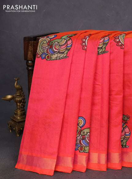 Silk cotton saree dual shade of pinkish orange with kalamkari applique work and zari woven border
