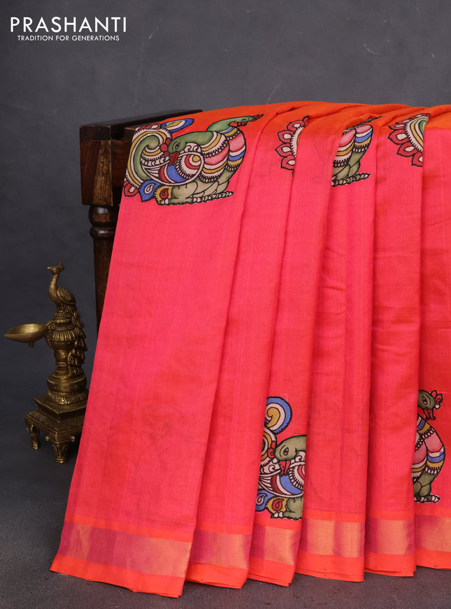 Silk cotton saree dual shade of pinkish orange with kalamkari applique work and zari woven border