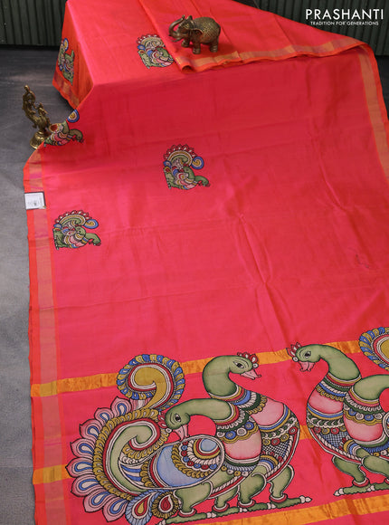 Silk cotton saree dual shade of pinkish orange with kalamkari applique work and zari woven border