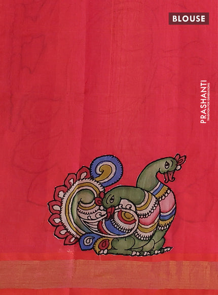 Silk cotton saree dual shade of pinkish orange with kalamkari applique work and zari woven border
