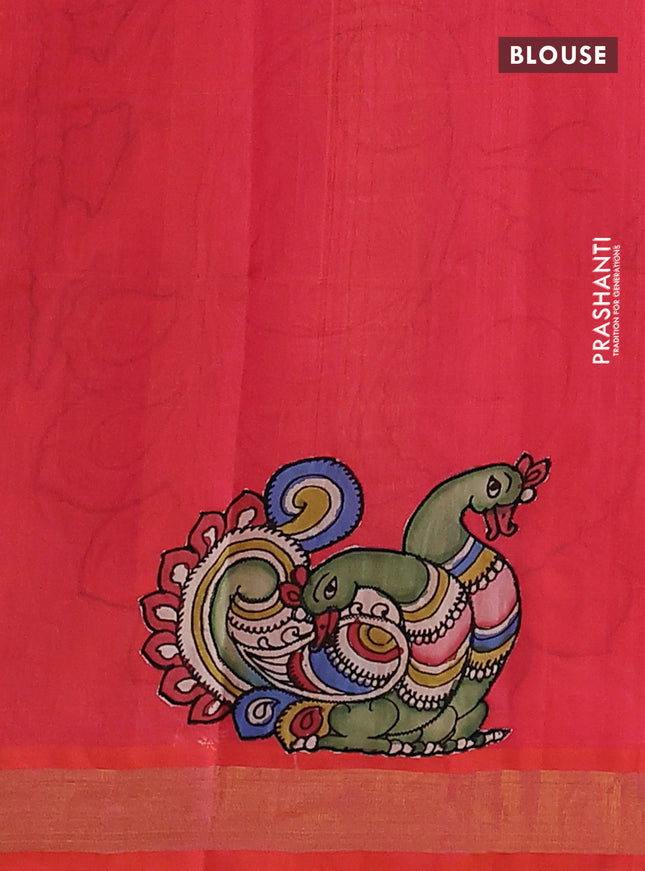 Silk cotton saree dual shade of pinkish orange with kalamkari applique work and zari woven border