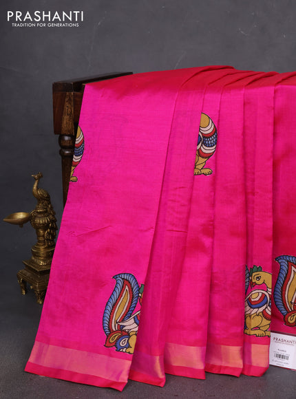 Silk cotton saree pink with kalamkari applique work and zari woven border