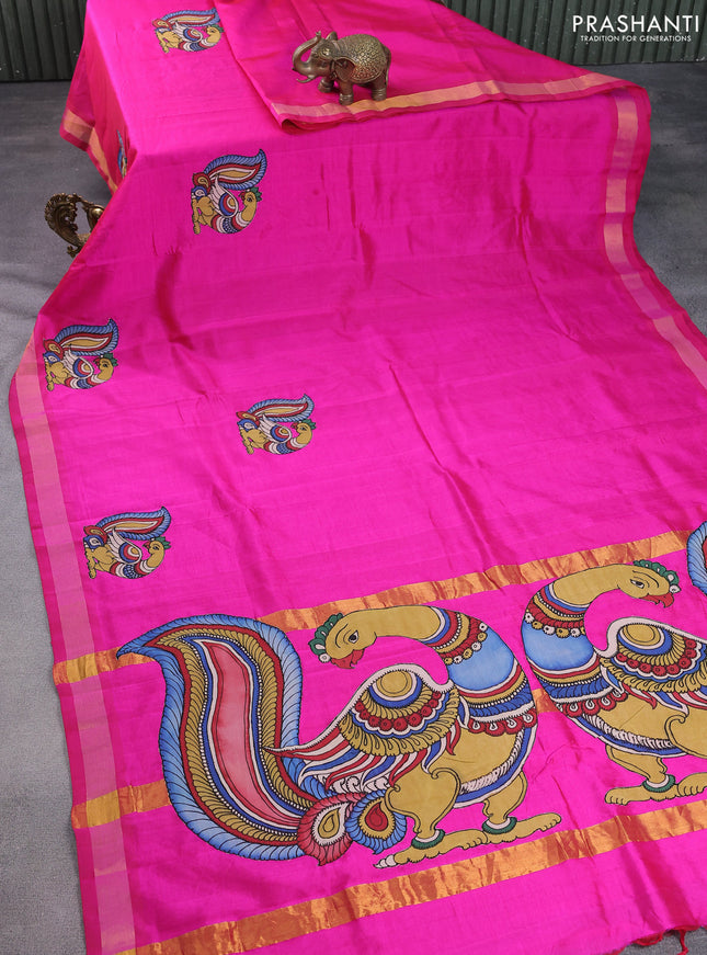 Silk cotton saree pink with kalamkari applique work and zari woven border