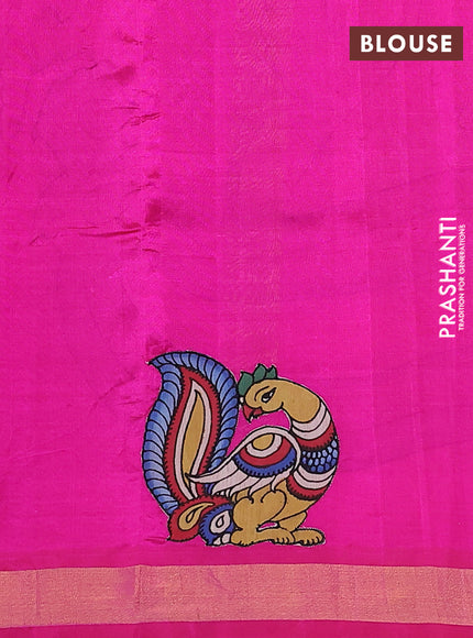 Silk cotton saree pink with kalamkari applique work and zari woven border