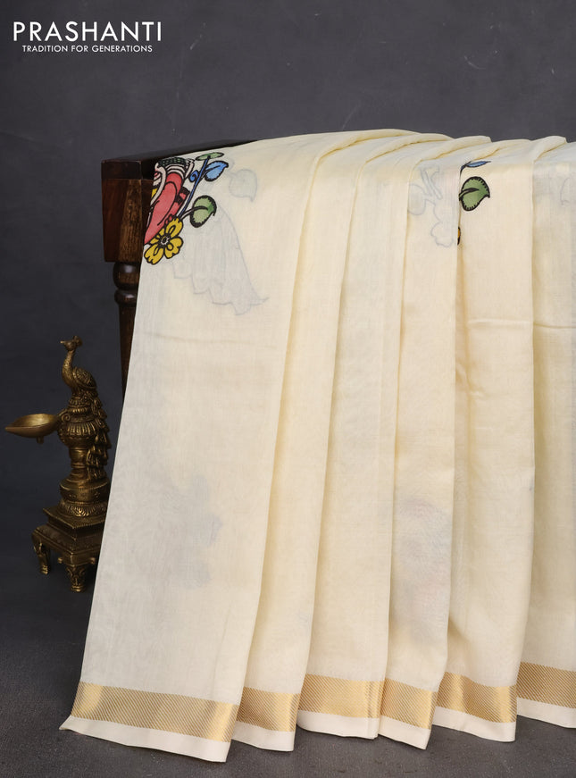 Silk cotton saree cream with kalamkari applique work and zari woven border