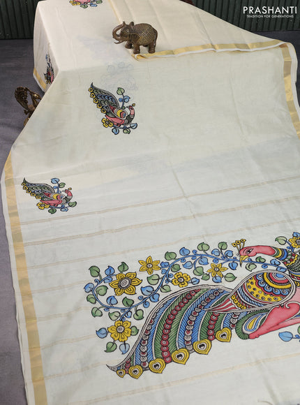 Silk cotton saree cream with kalamkari applique work and zari woven border