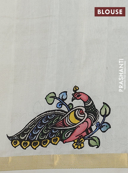 Silk cotton saree cream with kalamkari applique work and zari woven border