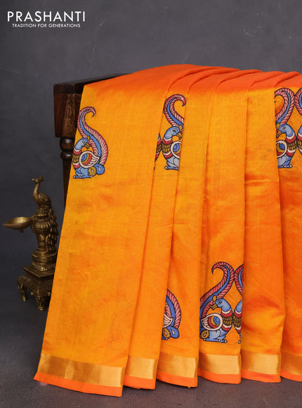 Silk cotton saree dual shade of mango yellow with kalamkari applique work and zari woven border