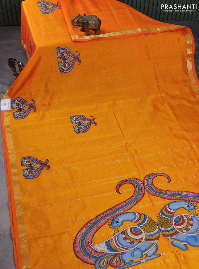 Silk cotton saree dual shade of mango yellow with kalamkari applique work and zari woven border