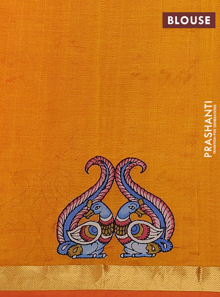 Silk cotton saree dual shade of mango yellow with kalamkari applique work and zari woven border