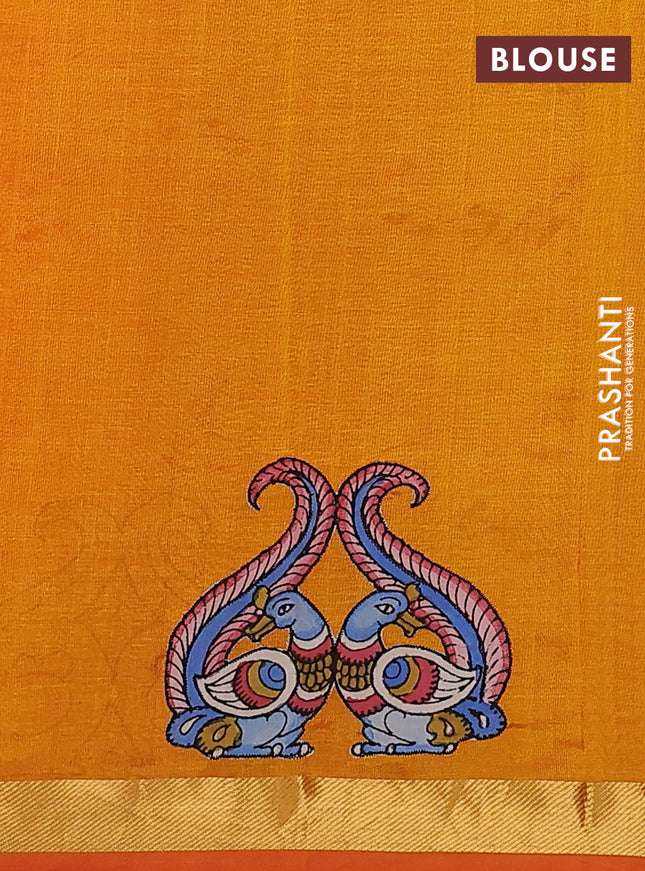 Silk cotton saree dual shade of mango yellow with kalamkari applique work and zari woven border
