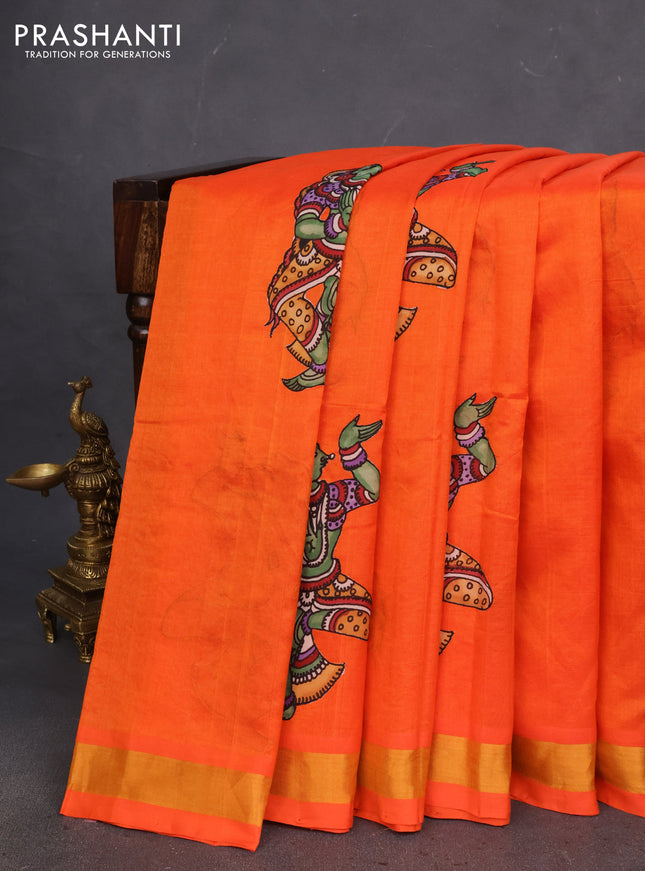 Silk cotton saree orange with kalamkari applique work and zari woven border