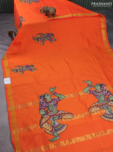 Silk cotton saree orange with kalamkari applique work and zari woven border