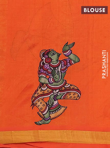 Silk cotton saree orange with kalamkari applique work and zari woven border