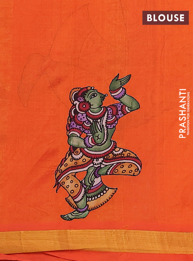 Silk cotton saree orange with kalamkari applique work and zari woven border