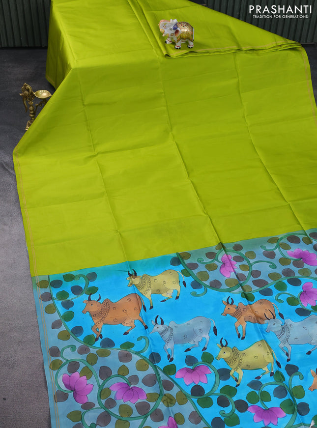 Pure soft silk saree lime green and cs blue with plain body and kalamkari hand painted pallu & blouse