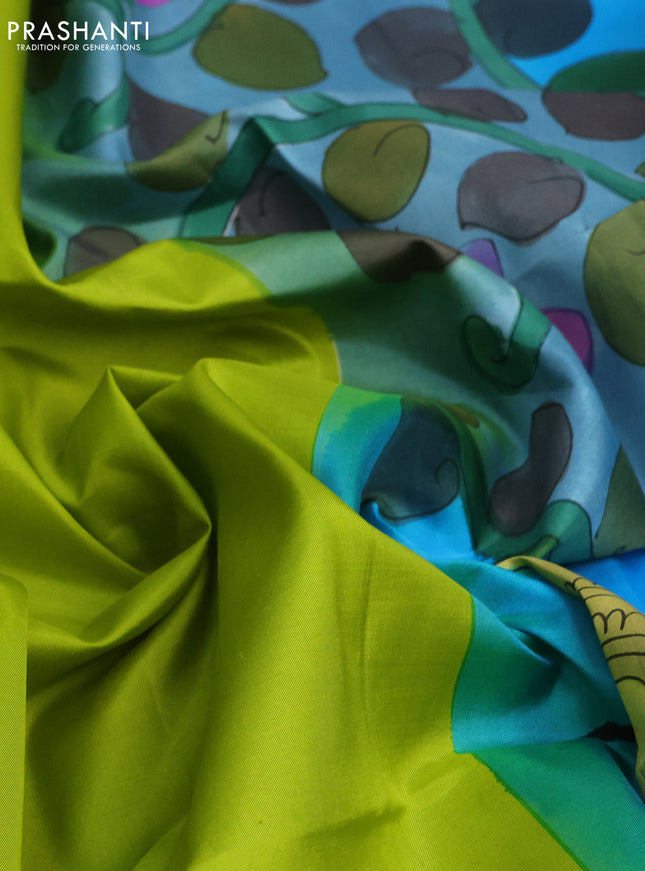 Pure soft silk saree lime green and cs blue with plain body and kalamkari hand painted pallu & blouse