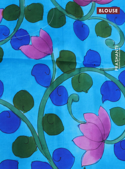 Pure soft silk saree lime green and cs blue with plain body and kalamkari hand painted pallu & blouse