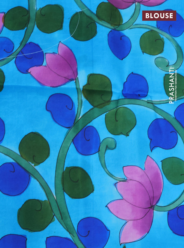 Pure soft silk saree lime green and cs blue with plain body and kalamkari hand painted pallu & blouse