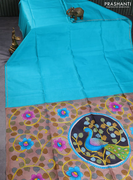 Pure soft silk saree teal shade and pastel brown with plain body and kalamkari hand painted pallu & blouse