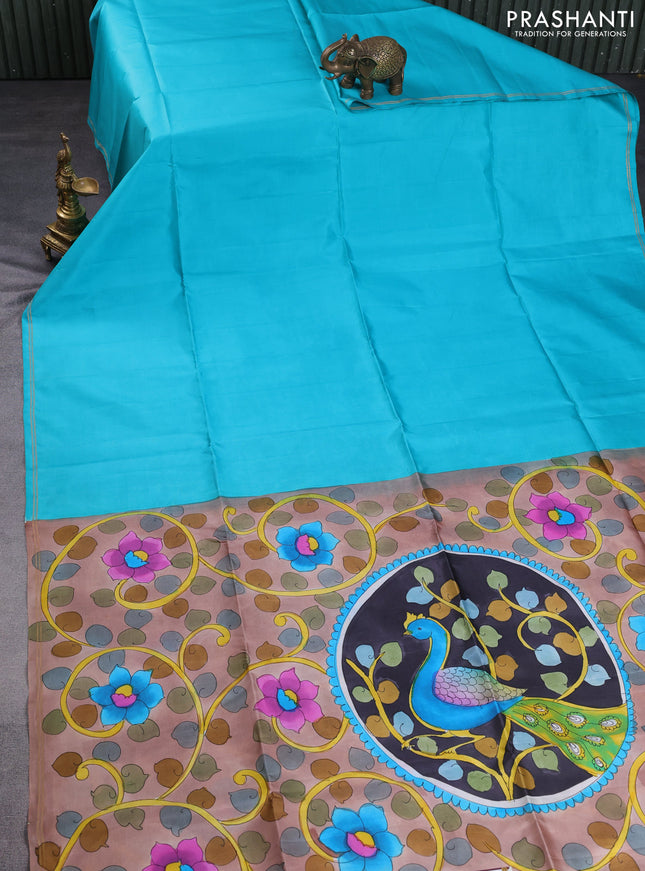 Pure soft silk saree teal shade and pastel brown with plain body and kalamkari hand painted pallu & blouse