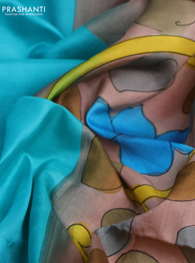 Pure soft silk saree teal shade and pastel brown with plain body and kalamkari hand painted pallu & blouse