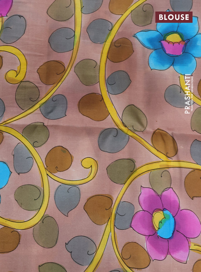 Pure soft silk saree teal shade and pastel brown with plain body and kalamkari hand painted pallu & blouse