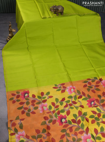 Pure soft silk saree lime green and yellow orange with plain body and kalamkari hand painted pallu & blouse