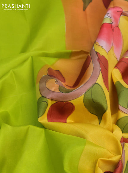 Pure soft silk saree lime green and yellow orange with plain body and kalamkari hand painted pallu & blouse