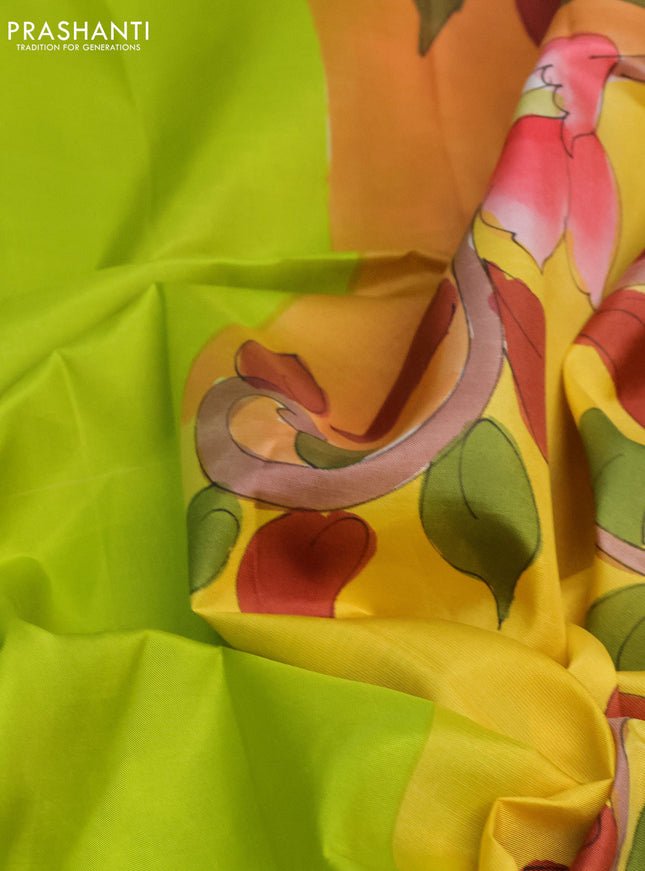 Pure soft silk saree lime green and yellow orange with plain body and kalamkari hand painted pallu & blouse