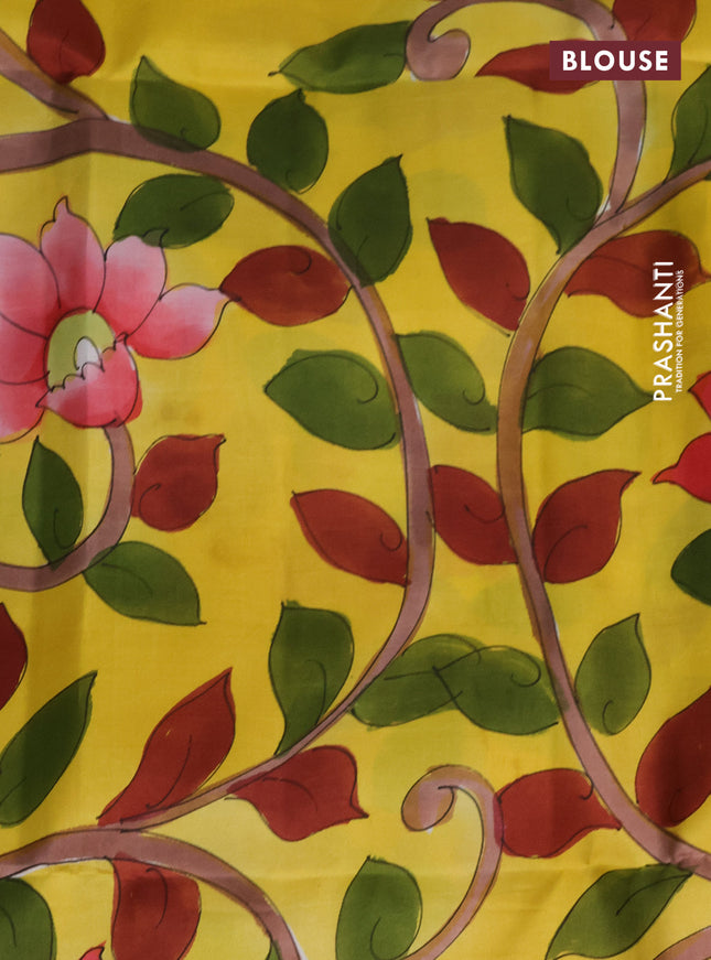 Pure soft silk saree lime green and yellow orange with plain body and kalamkari hand painted pallu & blouse