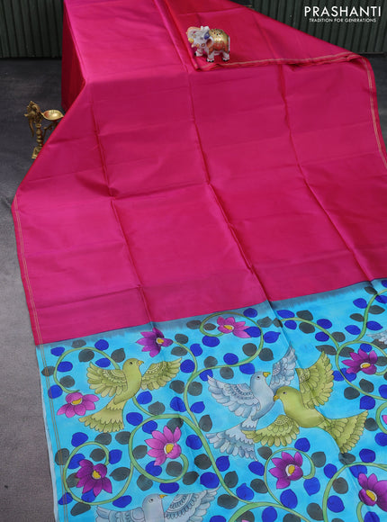Pure soft silk saree dual shade of pink and teal blue with plain body and kalamkari hand painted pallu & blouse