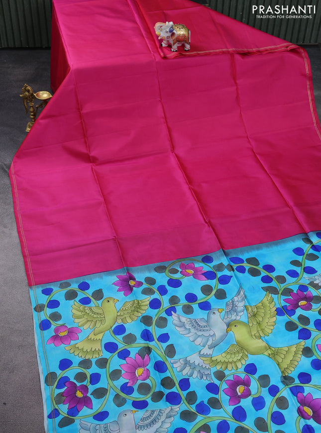 Pure soft silk saree dual shade of pink and teal blue with plain body and kalamkari hand painted pallu & blouse