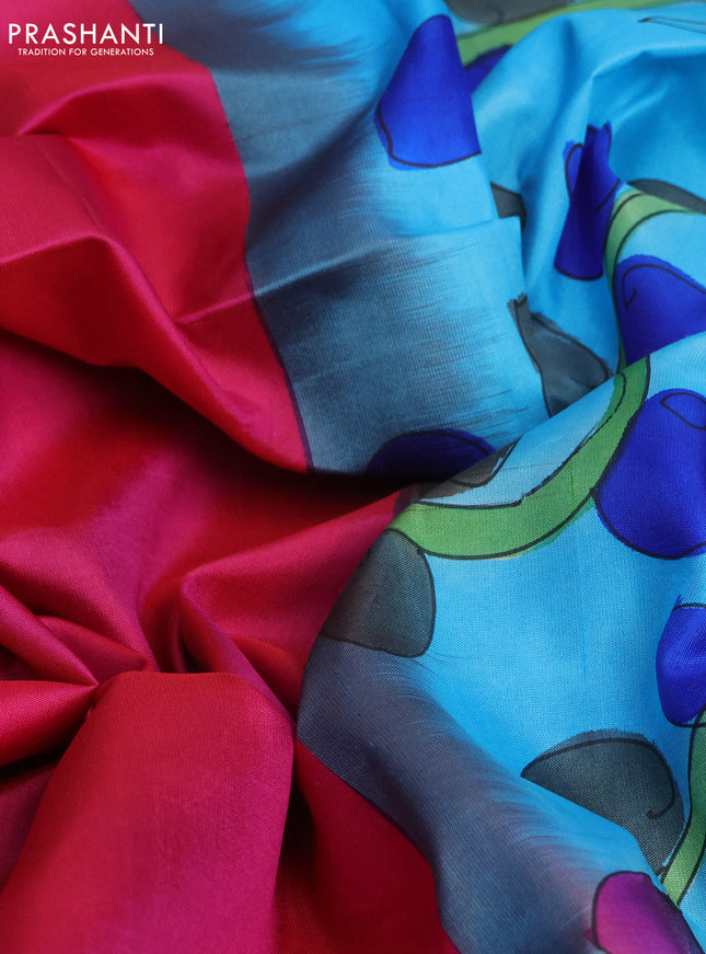 Pure soft silk saree dual shade of pink and teal blue with plain body and kalamkari hand painted pallu & blouse