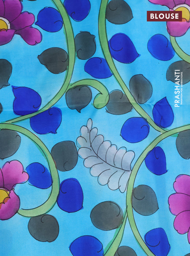 Pure soft silk saree dual shade of pink and teal blue with plain body and kalamkari hand painted pallu & blouse