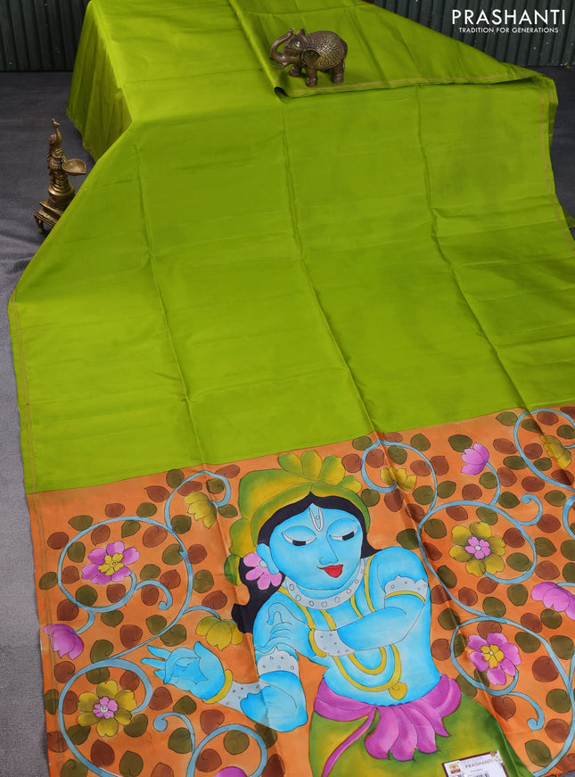 Pure soft silk saree light green and orange with plain body and kalamkari hand painted pallu & blouse