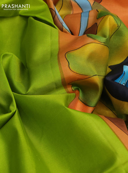 Pure soft silk saree light green and orange with plain body and kalamkari hand painted pallu & blouse