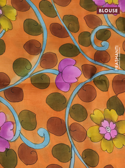 Pure soft silk saree light green and orange with plain body and kalamkari hand painted pallu & blouse