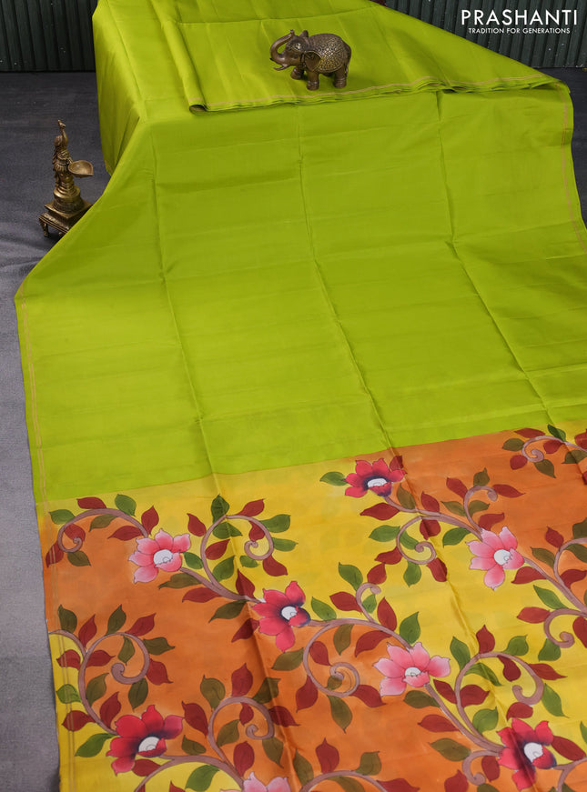Pure soft silk saree light green and orange with plain body and kalamkari hand painted pallu & blouse