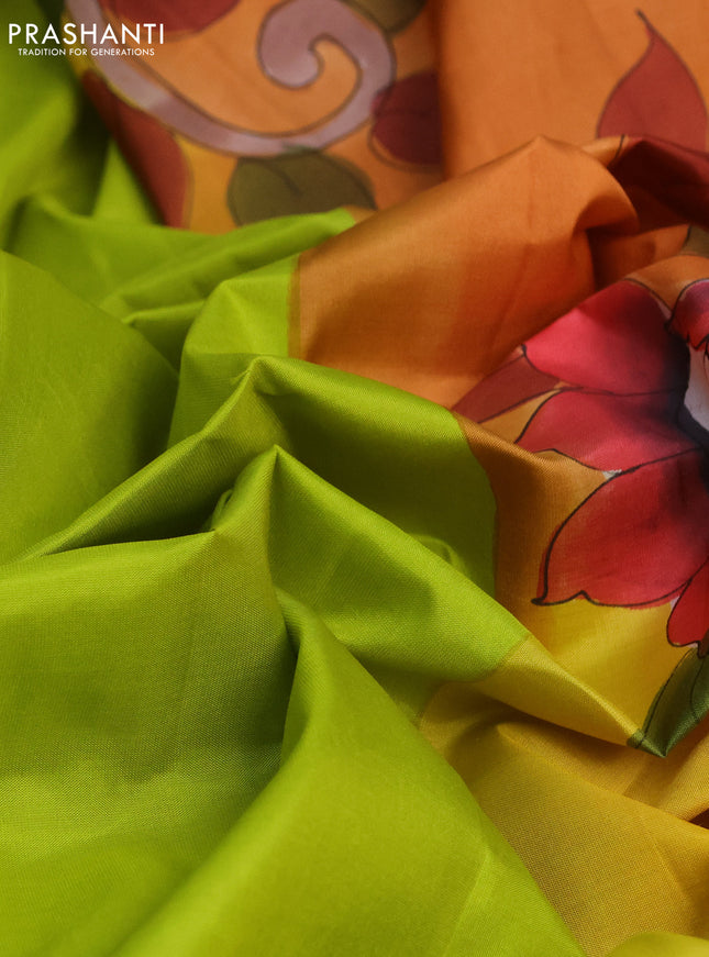 Pure soft silk saree light green and orange with plain body and kalamkari hand painted pallu & blouse
